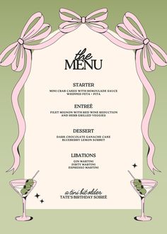 a menu for a birthday party with pink ribbons