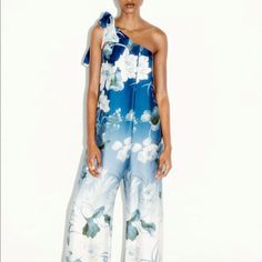 Beautiful Silk Jumpsuit! Elegant Blue Zara Jumpsuits And Rompers, Elegant Blue Jumpsuit For Summer, Elegant Blue Jumpsuits And Rompers For Spring, Chic Blue Floral Print Jumpsuits And Rompers, Slouchy Jumpsuit, Black Velvet Jumpsuit, Black Halter Jumpsuit, Pleated Jumpsuit, Leather Jumpsuit