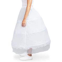 Wear this white 3-hoop petticoat under a full skirt to add volume to create a fit and flare silhouette, measuring at 28 inches in length, it can easily be worn under a wide variety of dress types. The versatile design allows the petticoat to be worn with a casual outfit, as an extra touch to your date night look, or for a ball gown or wedding dress. Tiered Ruffled Crinoline Petticoat, Crinoline Tiered Petticoat With Ruffled Skirt, Crinoline Tiered Ruffled Petticoat, Fitted Full Petticoat With Ruffled Skirt, Spring Full Skirt Crinoline Petticoat, Fitted Full Skirt Gathered Petticoat, Fitted Full Skirt Petticoat With Gathered Details, Fitted Full Skirt Petticoat With Gathered Skirt, Voluminous Ruffled Crinoline Petticoat