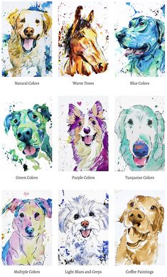 watercolor dogs are shown in different colors