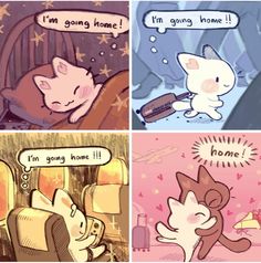 four different comics with cats in them and one cat saying i'm going home