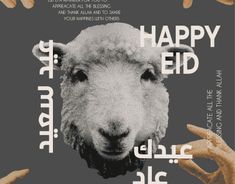 two hands reaching out towards a sheep with the words happy eid written on it