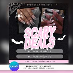 a flyer for a nail salon with images of hands and nails on it, including the words scary deads