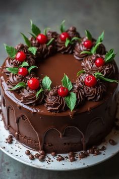 a chocolate cake decorated with cherries and leaves on a white plate, ready to be eaten