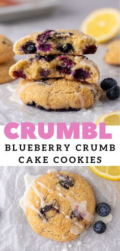 blueberry crumb cake cookies are stacked on top of each other with lemons and blueberries