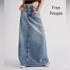 Free People Style-Come As You Are High Rise Denim Maxi Skirt New With Tags Size 6, 8 Classic On Fp Site Premium Denim Color-Medium Indigo Four Pocket Design Inverted Yoke Front Seam Raw Hem Button And Zip Closure Cotton Machine Wash Mid-Rise A-Line Silhouette Zip Fly And Button Closure, App Measurements Waist: 31 In Length (Regular): 40.75 In No Offers It Bundle Discounts On This Item Msrp $128 This Maxi Skirt Is Designed To Provide A Classic And Stylish Look. It Is Made Of Premium Denim Fabric, Rok Denim, Fitted Denim Skirt, Bracelets Leather, Womens Denim Skirts, Vintage Denim Skirt, High Waist Long Skirt, Blue Jean Skirt, Long Denim Skirt, Trendy Skirts