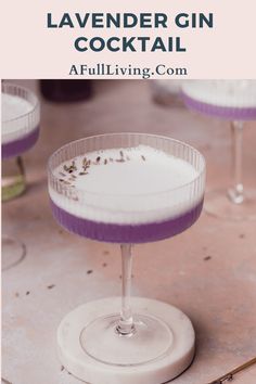 lavender gin cocktail in a coupe glass with the text lavender gin cocktail on top and below