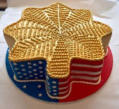 a cake decorated with an american flag and a large waffle - shaped piece of bread