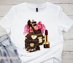 a t - shirt with an image of a woman's shoe and lipstick on it