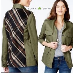 New Lucky Brand-Womens-Army-Green-Military-Utility-Surplus-Jacket Sz Xs Fall Utility Jacket For Layering, Winter Utility Jacket For Layering, Khaki Utility Jacket For Fall Layering, Olive Green Jacket, Green Utility Jacket, Fall Plaid, Olive Green Color, Plaid Jacket, Utility Jacket