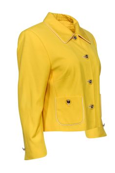 You'll always have a sunny disposition in this jacket from Escada! A vibrant yellow tone is perfect for brightening up any professional outfit. Perfect for boss ladies with a love for colors. Pair with a sheath dress and yellow heels for a matching look that'll take your day from drab to fab! Size 10 (DE 40) 100% Wool Front button-up closure Lined Collared neckline Buttoned pockets on front of waist White trim on collar and pocket Shoulder padding Shoulder to shoulder 18" Bust 40" Waist 36" Slee Tailored Yellow Outerwear For Office, Yellow Formal Blazer, Yellow Lapel Collar Outerwear For Work, Yellow Outerwear With Lapel Collar For Work, Classic Yellow Outerwear With Lapel Collar, Fitted Yellow Blazer With Button Closure, Yellow Lapel Collar Blazer For Work, Yellow Blazer With Lapel Collar For Work, Fitted Yellow Outerwear With Lapel Collar