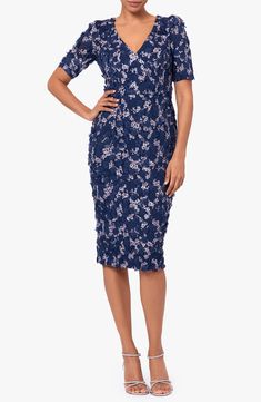 Sweetly stitched blooms cover every lovely inch of a fitted sheath cut to a beloved and versatile midi length. 40" length (size 8) Hidden back-zip closure V-neck Short sleeves Lined 95% polyester, 5% spandex Dry clean Imported Elegant Formal Midi Dress With Floral Applique, Fitted Knee-length Midi Dress With Floral Embroidery, Fitted Midi Dress With Floral Applique For Formal Occasions, Spring Knee-length Midi Dress For Mother Of The Bride, Formal Fitted Midi Dress With Floral Applique, Elegant Knee-length Floral Applique Midi Dress, Fitted Floral Applique Midi Dress For Party, Fitted Floral Embroidered Midi Dress For Formal Occasions, Elegant Knee-length Midi Dress With Floral Applique