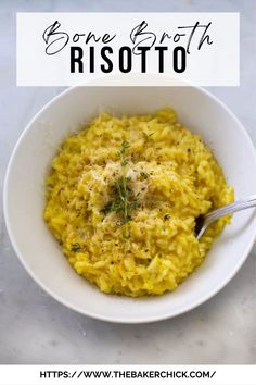 a white bowl filled with risotto on top of a table