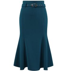 Keep your look professional and stylish in this fishtail skirt from Hobemty. Featuring a high waist, ruffle hem, stretchy fabric, belted, and midi length, this skirt is perfect for various occasions. Pair it with solid shirts and high heels for a chic office look. Focused on ladies' semi-formal wear, it can be a perfect addition to almost any outfit from formal to daily wear. Great for work, meetings, office, businesses, parties, cocktails, weddings, casual, daily dressing, and more. Fitted Flare Blue Skirt, Blue Fitted Flare Skirt, High Waist Fitted Belted Skirt, Fitted Belted Pencil Skirt, Fitted Flare Skirt In Solid Color, Fitted Belted Flared Skirt Bottoms, Solid Fitted Flare Skirt, Fitted Belted Flared Skirt, Solid Flared Fitted Skirt