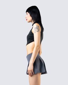 Make it hard for them to catch up and keep up with this charcoal mini skirt, and black turtleneck crop top set 😚 A chic, and timeless look that they will never get tired of 💅🏼 Chic Gray Stretch Crop Top, Fuzzy Skirt, Turtleneck Crop Top, White Corset Dress, Denim Pleated Skirt, Floral Lace Skirt, Black Pleated Mini Skirt, Turtle Neck Crop Top, Red Mini Skirt