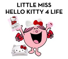 an image of a hello kitty character with her hand up in the air and smiling