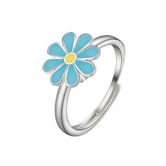 Flower fidget ring sterling silver spinner ring white orange blue Rosery Poetry Adjustable Open Flower Ring In White Gold, Adjustable White Gold Flower Open Ring, Adjustable White Gold Open Flower Ring, Light Blue Flower Jewelry For Spring, Adjustable Sterling Silver Ring For Spring, Light Blue Jewelry For Spring Gift, Adjustable Hypoallergenic Flower Promise Ring, Adjustable Nickel-free Flower-shaped Rings, Blue Sterling Silver Promise Flower Ring