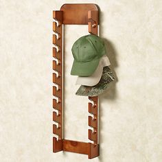 a hat rack with a baseball cap hanging on it