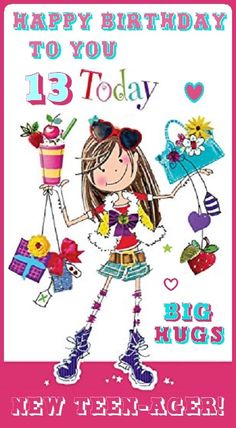 a birthday card with a girl holding gifts