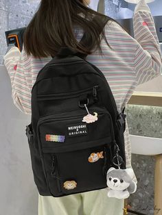 BirdinBag - Schoolbag with Classic Badge Decor and Functional Letter Graphics Backpack For School, Functional Backpack, Classic Backpack, Nylon Bag, Black Backpack, School Backpacks, Black Media, Bag Lady, Backpacks