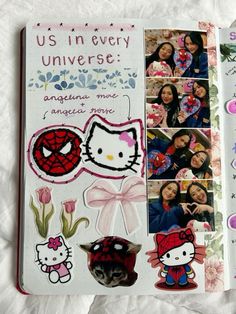 an open book with hello kitty stickers on the front and back pages, along with pictures of people's faces