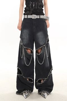 Black wide-leg ripped jeans, grunge jeans, grunge aesthetic clothes,  grunge style, boogzel clothing