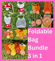 the foldable bag is made from crochet and has oranges, lemons,