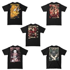 four t - shirts with different images on the front and back, all in black