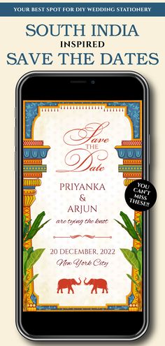 the south india save the date card is displayed on an iphone screen, with text that reads