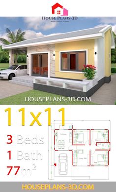 two story house plan with 2 bedroom and 1 bathroom in the front, one car garage on