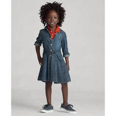 Rugged denim and a classic fit-and-flare silhouette bring Americana charm to this shirtdress. Just add sneakers or flats for school parties and family photos. Girls Denim Shirt, Belted Denim Dress, Shirt Dress With Belt, Ralph Lauren Denim, Denim Shirt Dress, Dress With Belt, Girls Denim, Dresses Kids Girl, School Fashion