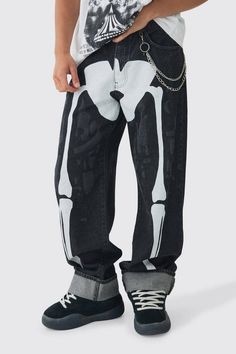 Relaxed Rigid Skeleton Printed Jeans With Chain | boohooMAN USA Skeleton Vest, Mens Skeleton Costume, Skeleton Jeans, Scary Movie Marathon, Jeans With Chains, A Scary Movie, Race Day Outfits, Gym Jacket, Plus Size Joggers