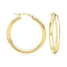 Ross-Simons - Italian 3mm 18kt Yellow Gold Hoop Earrings. 1 1/8". Crafted in Italy, these classic hoop earrings glow in polished 18kt yellow gold. They are the perfect pair for daily wear! Hanging length is 1 1/8". Snap-bar, 18kt yellow gold hoop earrings. Jewelry Presentation, Timeless Jewelry, Fine Jewellery Earrings, Jewelry Earrings Hoops, Gold Hoop, Gold Hoop Earrings, Modern Woman, Perfect Pair, Daily Wear