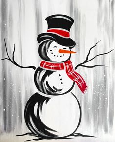 a painting of a snowman wearing a top hat and scarf