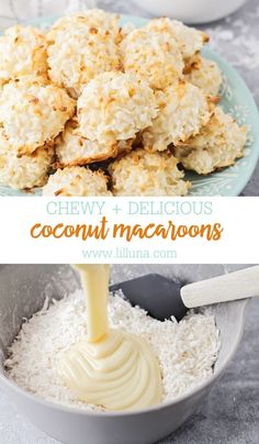 coconut macaroni and cheese is being poured into a bowl with cream on top