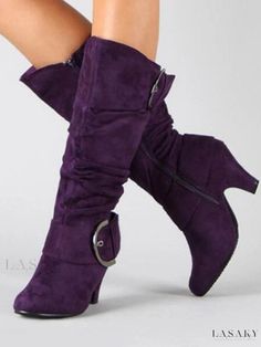 Lasaky - Sophisticated Black Suede Mid Calf Boots with Pointed Toe, Chunky Heel, and Elegant Buckle Detail Fitted Heels With Buckle Closure For Fall, Knee-high Heels With Buckle Closure For Fall, Purple Round Toe Heels For Fall, Purple Fitted Heeled Boots For Winter, Fitted Purple Heeled Boots For Winter, Purple Round Toe Heeled Boots For Winter, Purple Formal Boots For Fall, Chic Purple Boots For Fall, Chic Purple Heeled Boots For Fall