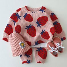 Baby Strawberry Waffle Sweatshirt 2-piece Set Pink Boy Outfit, Aesthetic Baby Clothes, Baby Girl Spring Outfits, Girls Spring Outfits, Cute Overalls, Strawberry Waffles, Summer Outfits Kids, Baby Boutique Clothing, Baby Knitwear