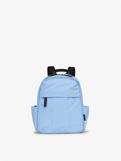 CALPAK Luka Mini Backpack for essentials for everyday use with puffy exterior and water resistant interior lining in light blue; BPM2201-WINTER-SKY Versatile Backpack With Adjustable Straps And Softback, Versatile Softback Backpack With Adjustable Straps, Nylon Backpack With Side Pockets, Sporty Everyday Bag With Side Pockets, Blue Nylon Everyday Backpack, Everyday Blue Nylon Backpack, Functional Solid Color Backpack For Everyday Use, Sporty Nylon Backpack With Pockets, Everyday Solid Nylon Backpack