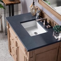 a bathroom sink sitting on top of a counter next to a mirror and potted plant