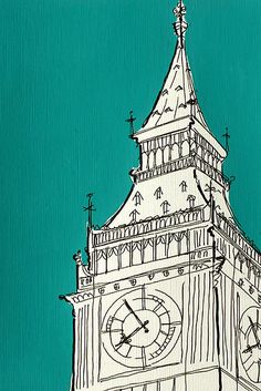 a drawing of a large clock tower on a blue and green background with white trim