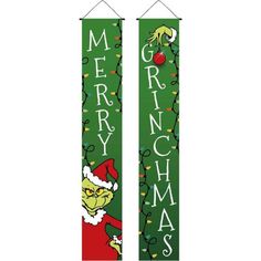 two christmas door hangers with the words merry and grin on them, both decorated in green