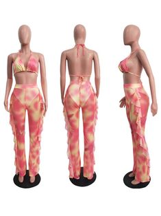 DescriptionMesh fabric: It is soft. breathable. stretchy and comfy to wear.Tie closure.Package Included: 1 bikini top + 1 long pants (panty lining).Pattern: 2 piece outfits set for the beach. mesh. bikini top. self-tie. ruffle trim side. wide long pants. see-through. print.Occasion: This fashion two-piece bikini set is perfect for summer vacation. beach. cruise. club. party. pool. tanning salon. etc.Size Chart: Trendy 2-piece Beach Set, Stretch Sleeveless Beach Sets, Stretch Sleeveless Sets For Beach Season, Pink Mesh Bottoms For Spring, Spring Beachwear Sets With Stretch, Stretch Beachwear Sets For Spring, Two-piece Stretch Beachwear Set, Summer Two-piece Stretch Sets, Stretch Sleeveless Set For Poolside