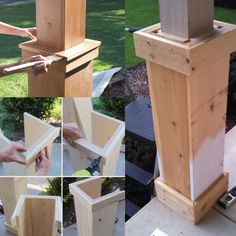 several pictures of the construction of a birdhouse and how to make it look like it's made out of wood