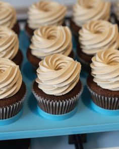 cupcakes with white frosting sitting on a blue tray