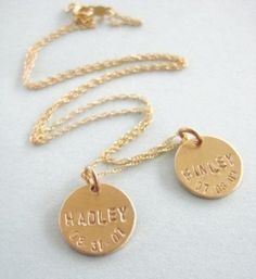 "Celebrate your children's births everyday with this simple and timeless piece. A 1/2\" disc, 14k gold filled and 20g thick is handstamped your child's name across with their birthdate underneath in an arc along the bottom. Hangs lovely on a fine 14k gold filled rope chain. Please choose your length--if you need a special length not listed above, simply let us know at checkout. To fit nice and pretty, we stamp up to 7 letters across only. Have a longer name to be stamped across? Simply convo me Adjustable Personalized Yellow Gold Charm Necklaces, Hand Stamped 14k Yellow Gold Charm Necklaces, 14k Yellow Gold Hand Stamped Charm Necklaces, Adjustable Gold Hand Stamped Charm Necklaces, Adjustable Hand Stamped Gold Charm Necklaces, Everyday Gold Stamped Jewelry, Gold Nickel-free Name Necklace For Birthday, Yellow Gold Hand Stamped Charm Necklace For Personalized Gift, Gold Hand Stamped Name Necklace For Gift