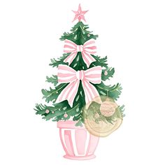 a christmas tree in a pink vase with ribbon and ornaments on it's top