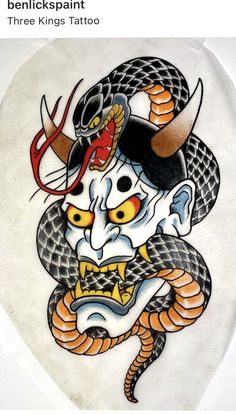 Japanese Mask And Snake Tattoo, Demon Teeth, Dragon Irezumi, Martial Arts Tattoos, Japanese Hand Tattoos, Japanese Leg Tattoo, Dragon Head Tattoo, Japanese Snake Tattoo