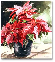 a painting of poinsettia in a black vase