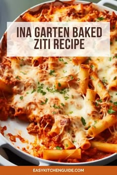 a white plate topped with pasta covered in sauce and parmesan cheese text reads ina garten baked ziti recipe