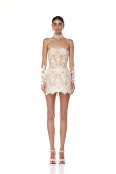 Maraya Blanc Lace Mini Dress Elegant Lace Mini Dress, Lace Long Sleeve Dress Short, Short Bodice Wedding Dress, Bridal Dresses Chanel, Tights Wedding Dress, Glove Mini Dress, Luxury White Lace Dress, Corset Lace Short Dress, Corset Mini Dress Lace